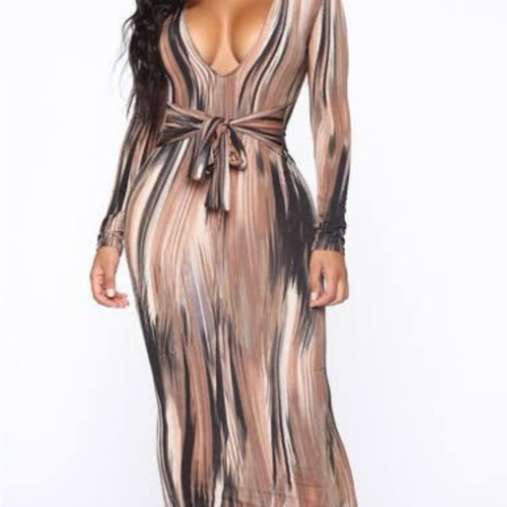 Plunge Neck Long Sleeve Tie-Waist Maxi Dress - Beige Striated